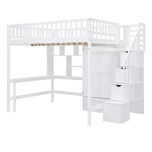 HomeRoots White Four Poster Loft Bed with Integrated Desk & Storage Shelves – Perfect for Space-Saving Style! 592858