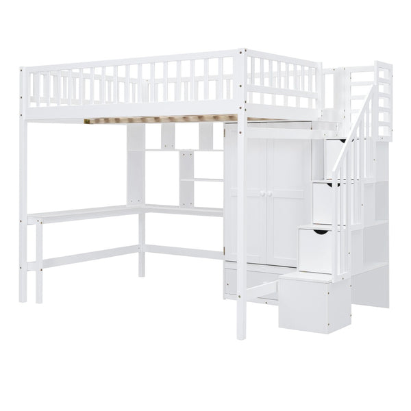HomeRoots White Four Poster Loft Bed with Integrated Desk & Storage Shelves – Perfect for Space-Saving Style! 592858