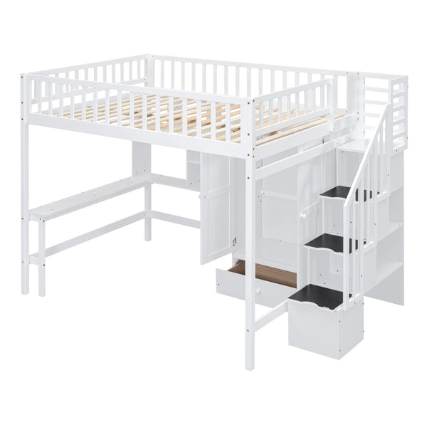HomeRoots White Four Poster Loft Bed with Integrated Desk & Storage Shelves – Perfect for Space-Saving Style! 592858