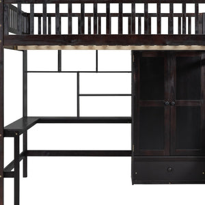 HomeRoots Espresso Four Poster Loft Bed with Desk, Shelves & Storage - Stylish Space-Saver for Any Room 592859