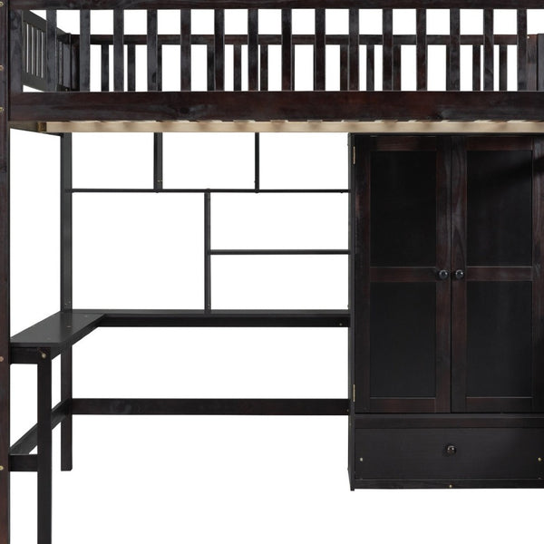 HomeRoots Espresso Four Poster Loft Bed with Desk, Shelves & Storage - Stylish Space-Saver for Any Room 592859