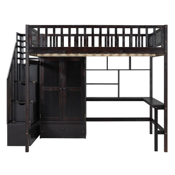 HomeRoots Espresso Four Poster Loft Bed with Desk, Shelves & Storage - Stylish Space-Saver for Any Room 592859