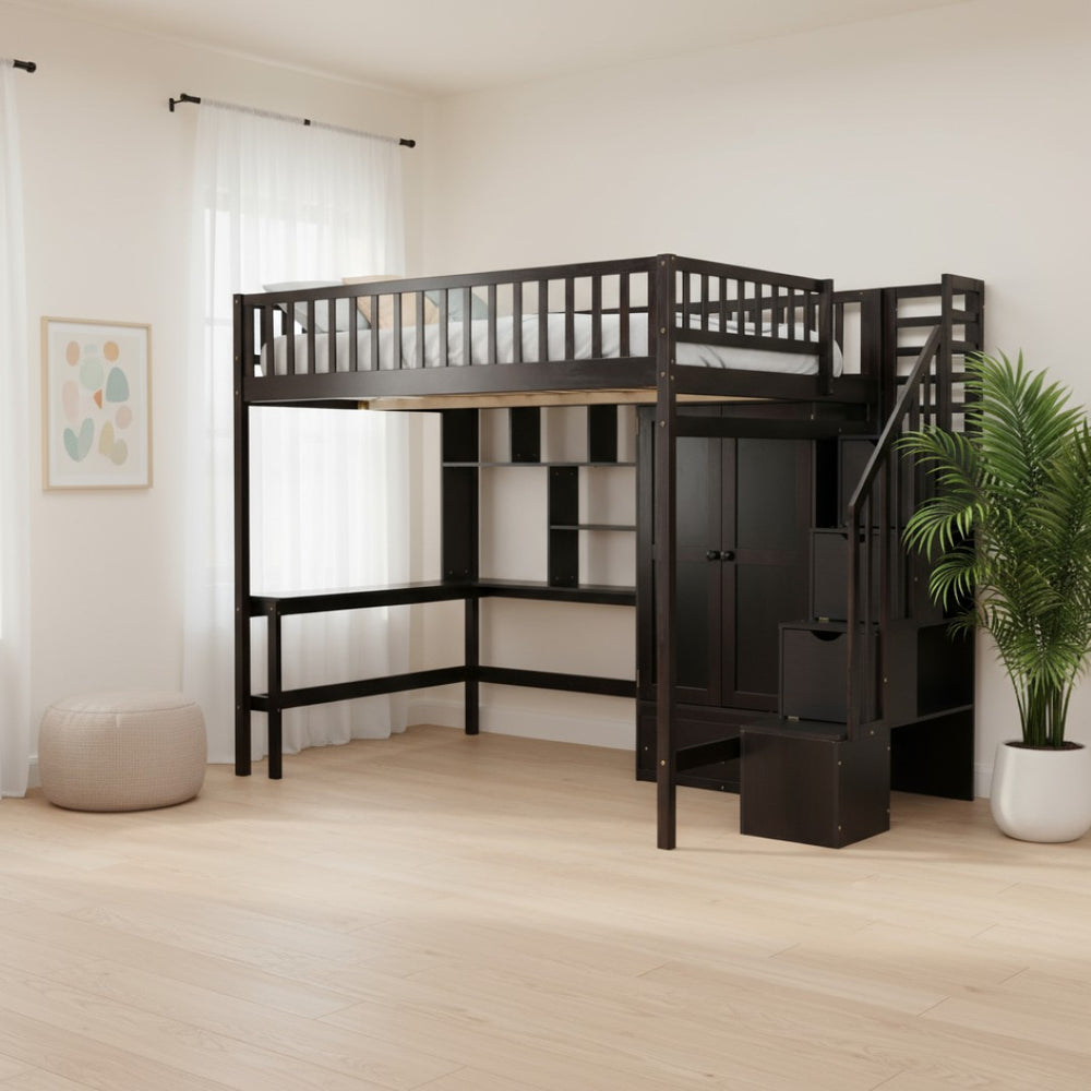 HomeRoots Espresso Four Poster Loft Bed with Desk, Shelves & Storage - Stylish Space-Saver for Any Room 592859