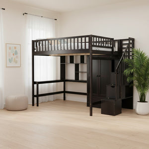 HomeRoots Espresso Four Poster Loft Bed with Desk, Shelves & Storage - Stylish Space-Saver for Any Room 592859