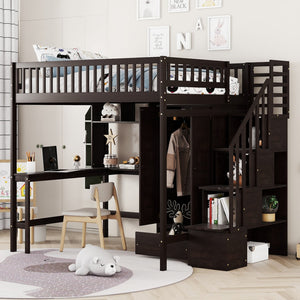 HomeRoots Espresso Four Poster Loft Bed with Desk, Shelves & Storage - Stylish Space-Saver for Any Room 592859