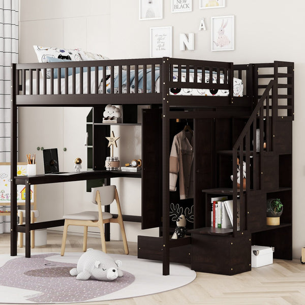 HomeRoots Espresso Four Poster Loft Bed with Desk, Shelves & Storage - Stylish Space-Saver for Any Room 592859