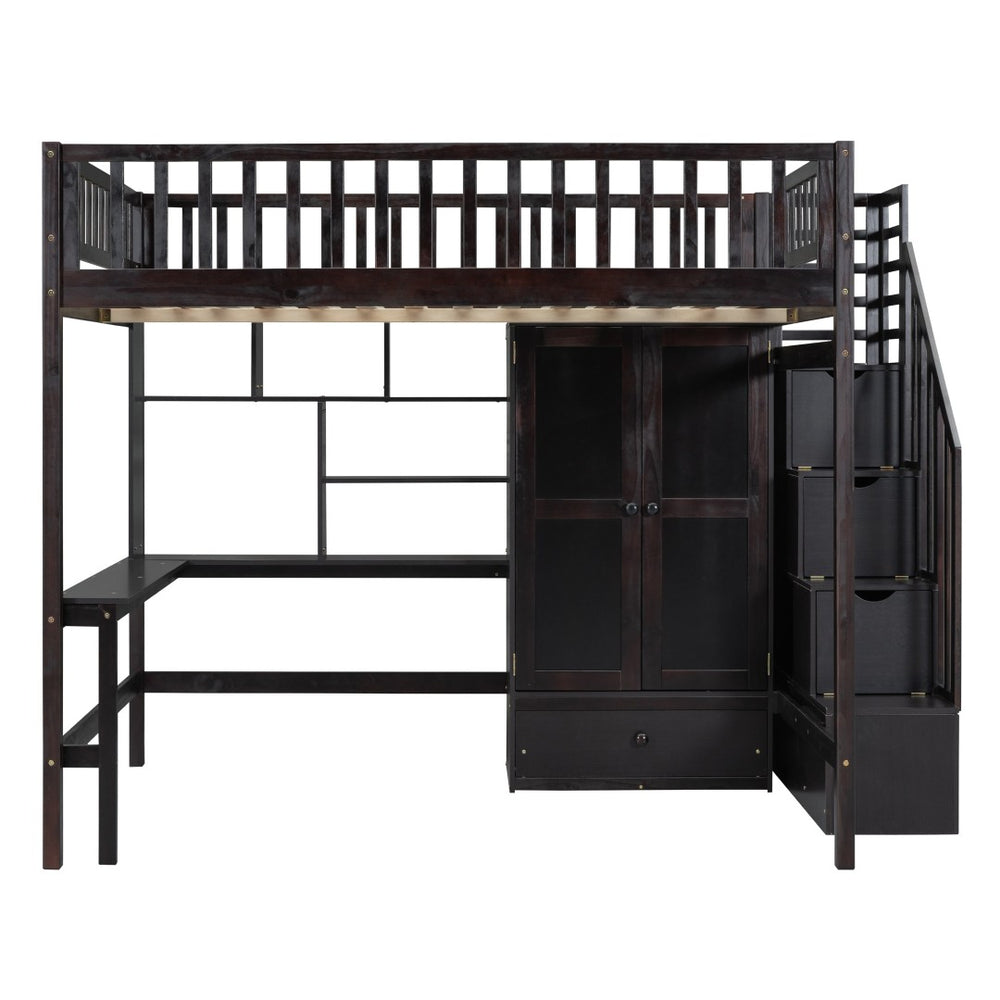 HomeRoots Espresso Four Poster Loft Bed with Desk, Shelves & Storage - Stylish Space-Saver for Any Room 592859
