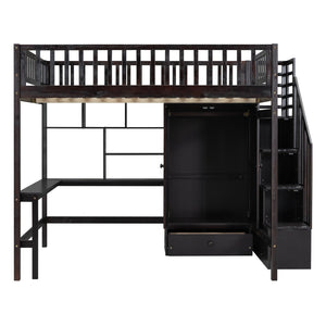 HomeRoots Espresso Four Poster Loft Bed with Desk, Shelves & Storage - Stylish Space-Saver for Any Room 592859