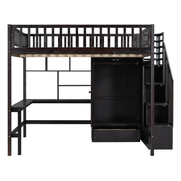 HomeRoots Espresso Four Poster Loft Bed with Desk, Shelves & Storage - Stylish Space-Saver for Any Room 592859