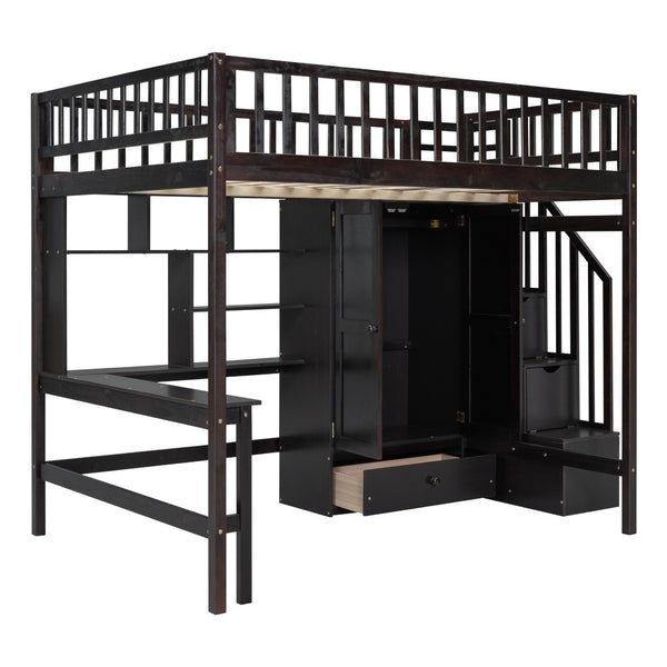 HomeRoots Espresso Four Poster Loft Bed with Desk, Shelves & Storage - Stylish Space-Saver for Any Room 592859