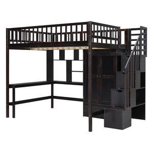 HomeRoots Espresso Four Poster Loft Bed with Desk, Shelves & Storage - Stylish Space-Saver for Any Room 592859