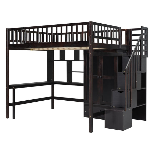 HomeRoots Espresso Four Poster Loft Bed with Desk, Shelves & Storage - Stylish Space-Saver for Any Room 592859