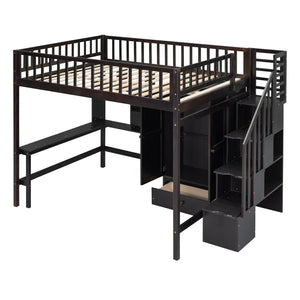 HomeRoots Espresso Four Poster Loft Bed with Desk, Shelves & Storage - Stylish Space-Saver for Any Room 592859