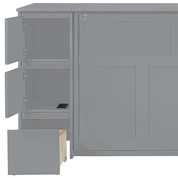 HomeRoots Gray Wood Full Murphy Bed with USB Port - Space-Saving Design, Modern Style for Small Rooms & Guests 592881
