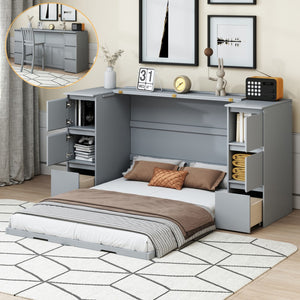 HomeRoots Gray Wood Full Murphy Bed with USB Port - Space-Saving Design, Modern Style for Small Rooms & Guests 592881