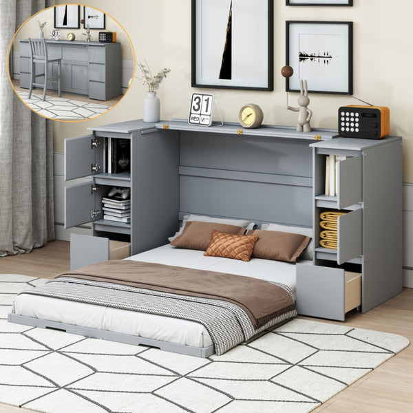 HomeRoots Gray Wood Full Murphy Bed with USB Port - Space-Saving Design, Modern Style for Small Rooms & Guests 592881