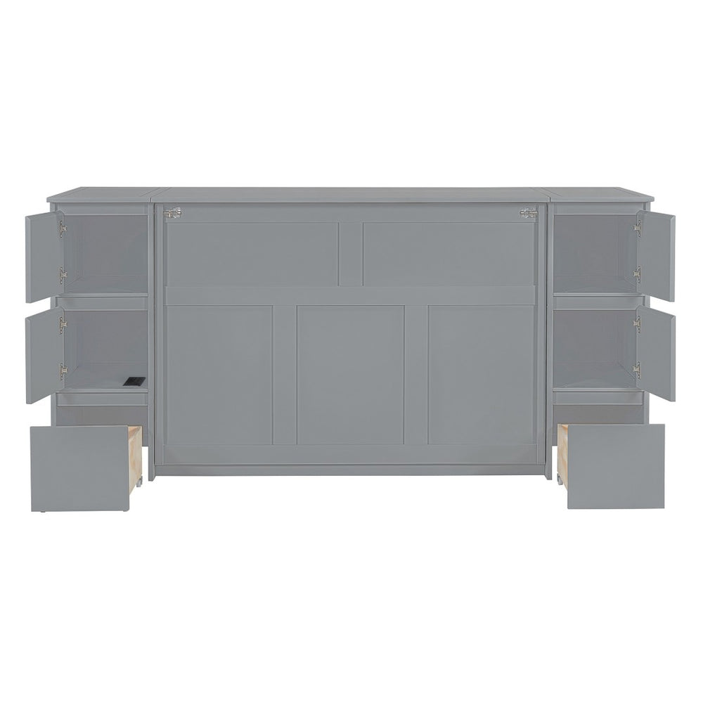 HomeRoots Gray Wood Full Murphy Bed with USB Port - Space-Saving Design, Modern Style for Small Rooms & Guests 592881