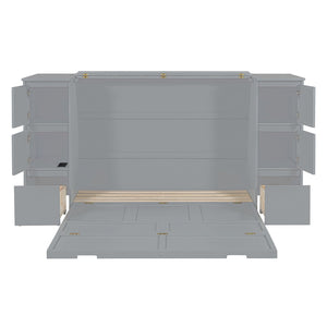 HomeRoots Gray Wood Full Murphy Bed with USB Port - Space-Saving Design, Modern Style for Small Rooms & Guests 592881