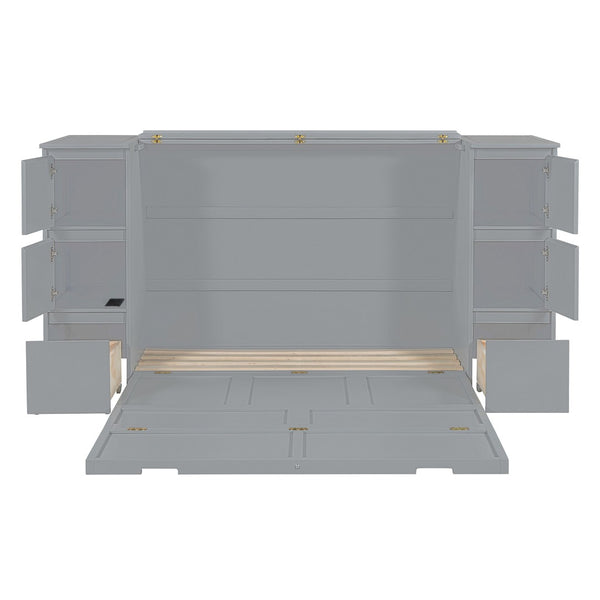 HomeRoots Gray Wood Full Murphy Bed with USB Port - Space-Saving Design, Modern Style for Small Rooms & Guests 592881