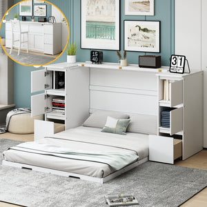 HomeRoots White Wood Full Murphy Bed - Space-Saving Cabinet Design with USB Charging for Stylish Sleep Solutions 592882