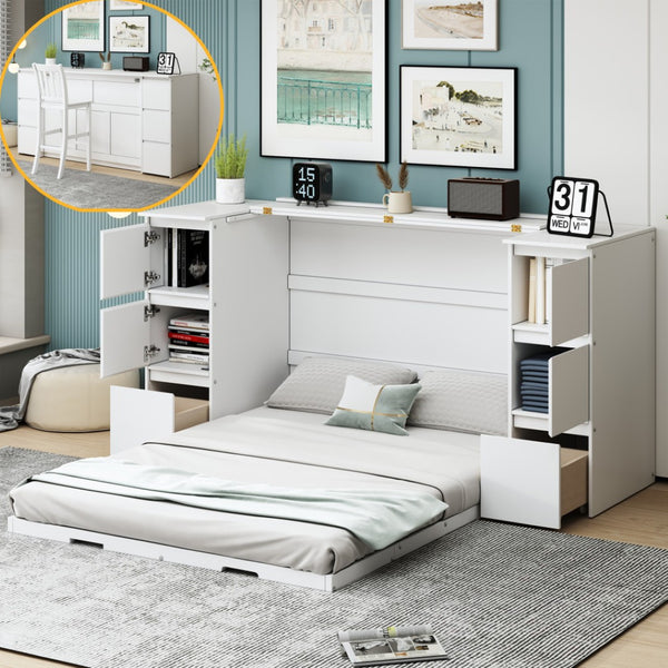 HomeRoots White Wood Full Murphy Bed - Space-Saving Cabinet Design with USB Charging for Stylish Sleep Solutions 592882