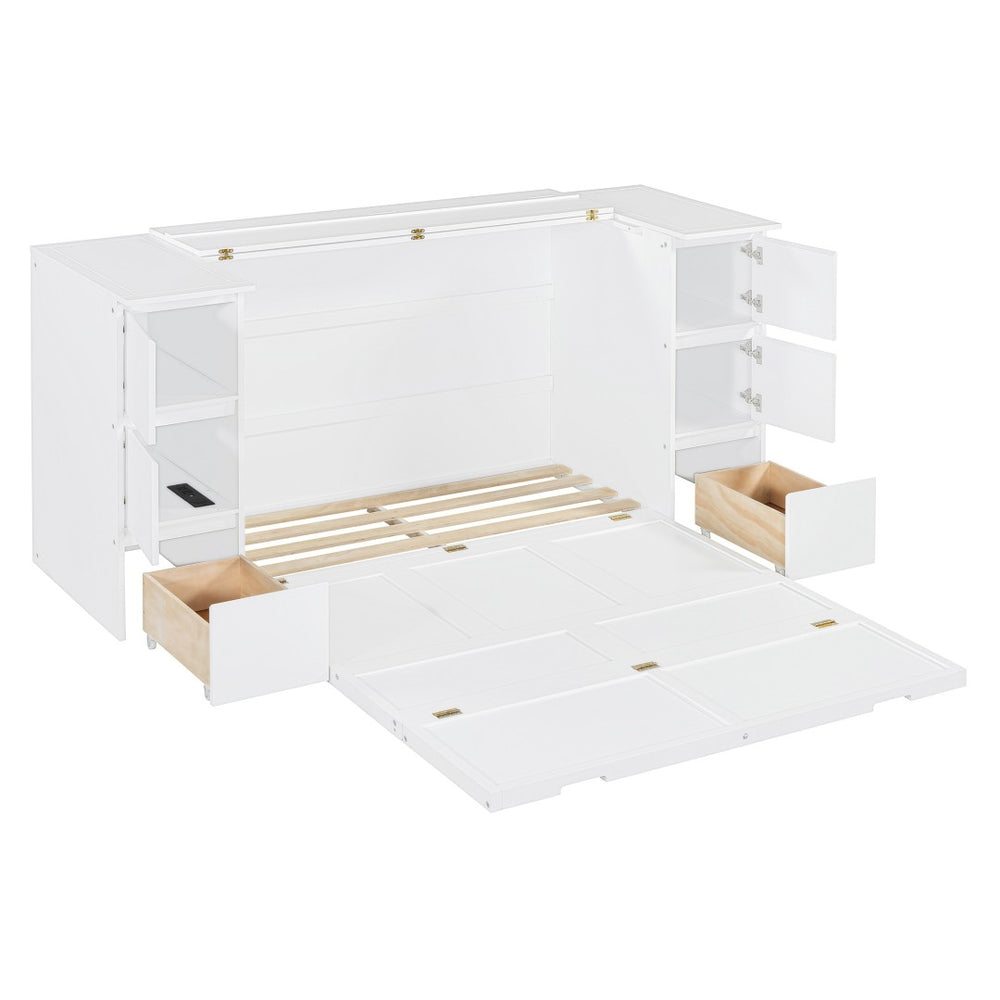 HomeRoots White Wood Full Murphy Bed - Space-Saving Cabinet Design with USB Charging for Stylish Sleep Solutions 592882