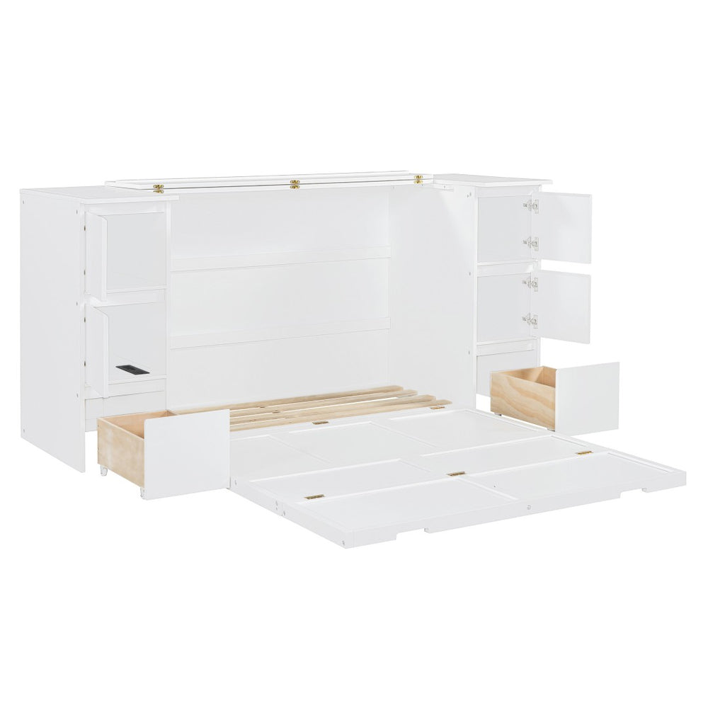 HomeRoots White Wood Full Murphy Bed - Space-Saving Cabinet Design with USB Charging for Stylish Sleep Solutions 592882