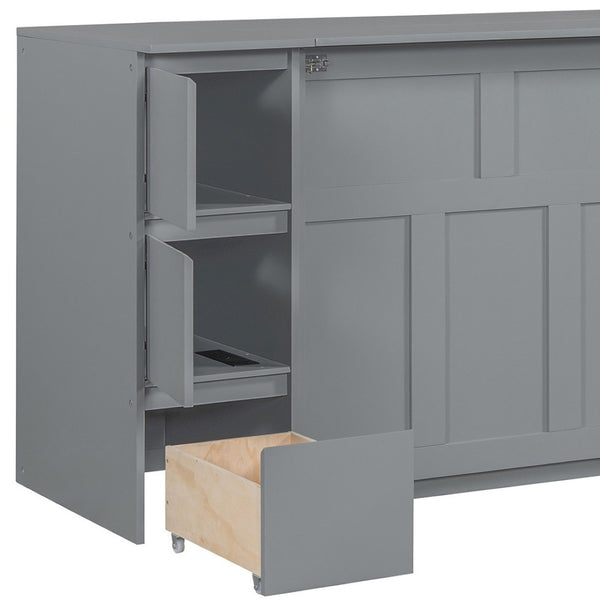 HomeRoots Gray Wood Twin Murphy Bed with USB Port – Space-Saving Design for Small Rooms & Home Offices 592883