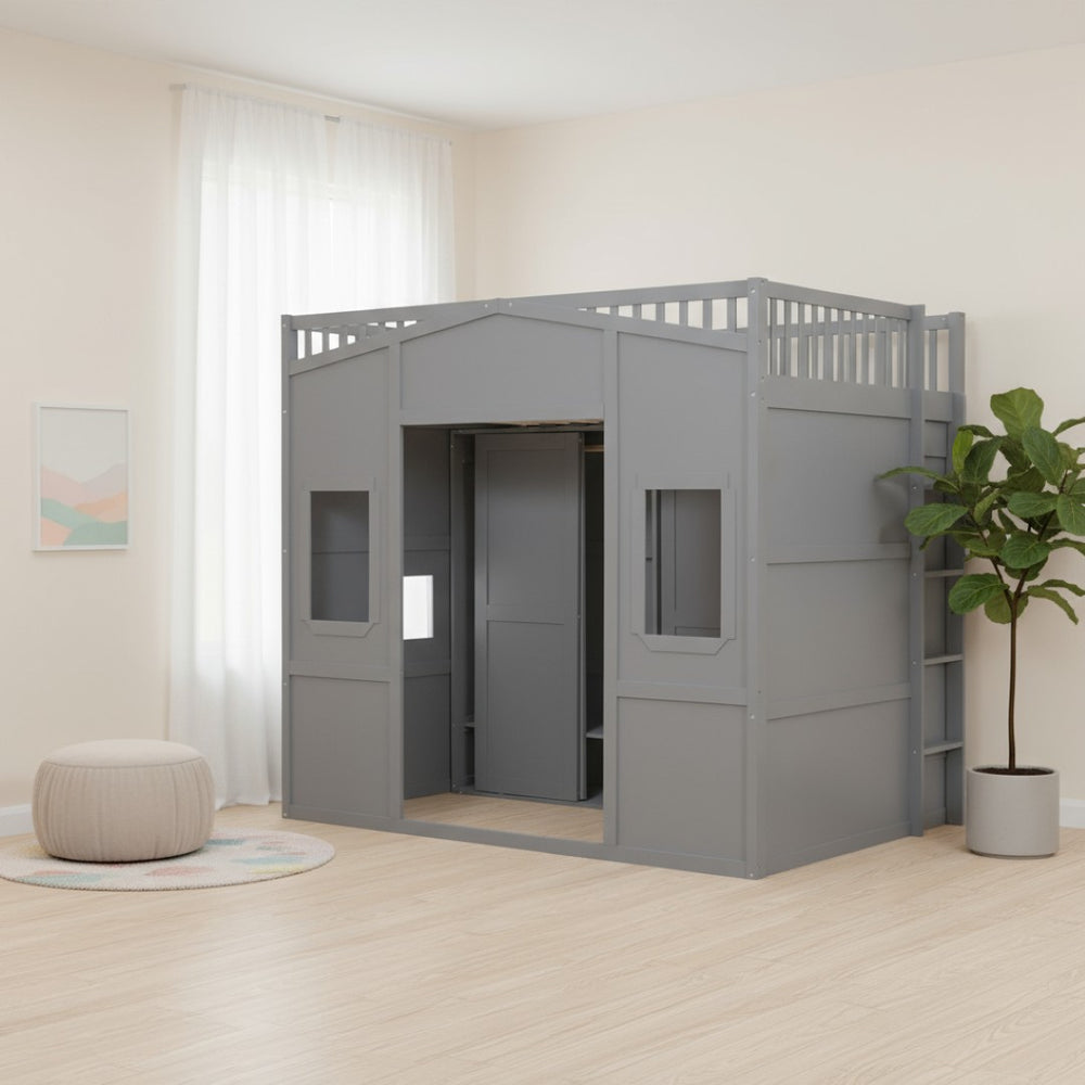 HomeRoots Gray Four-Poster Loft Bed with Storage Drawer & Cabinet - Stylish Space-Saving Design for Bedrooms 592885