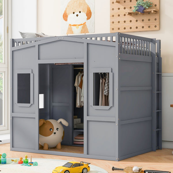 HomeRoots Gray Four-Poster Loft Bed with Storage Drawer & Cabinet - Stylish Space-Saving Design for Bedrooms 592885