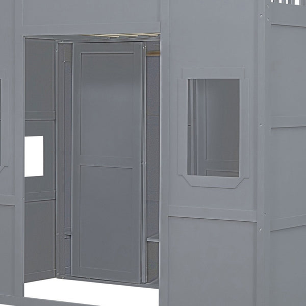 HomeRoots Gray Four-Poster Loft Bed with Storage Drawer & Cabinet - Stylish Space-Saving Design for Bedrooms 592885