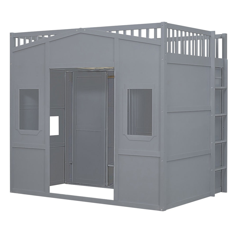 HomeRoots Gray Four-Poster Loft Bed with Storage Drawer & Cabinet - Stylish Space-Saving Design for Bedrooms 592885