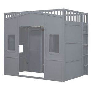 HomeRoots Gray Four-Poster Loft Bed with Storage Drawer & Cabinet - Stylish Space-Saving Design for Bedrooms 592885