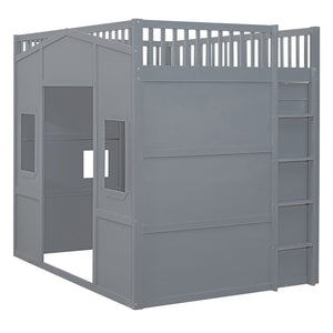 HomeRoots Gray Four-Poster Loft Bed with Storage Drawer & Cabinet - Stylish Space-Saving Design for Bedrooms 592885