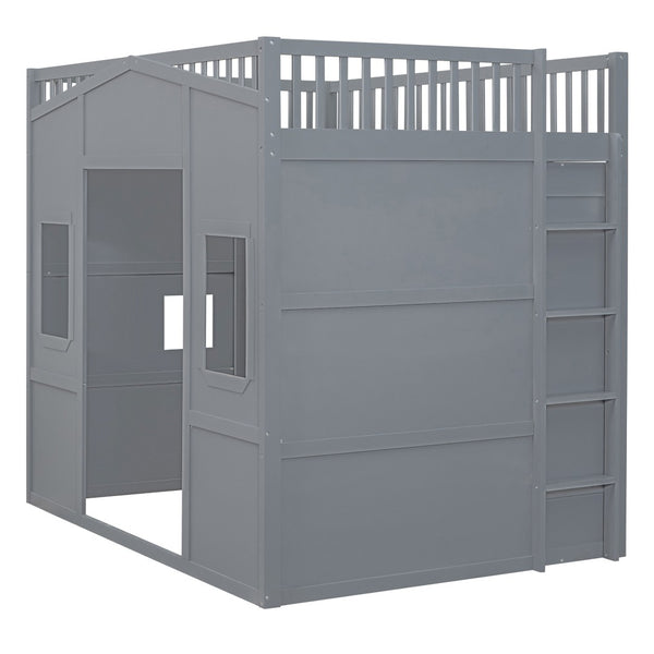 HomeRoots Gray Four-Poster Loft Bed with Storage Drawer & Cabinet - Stylish Space-Saving Design for Bedrooms 592885