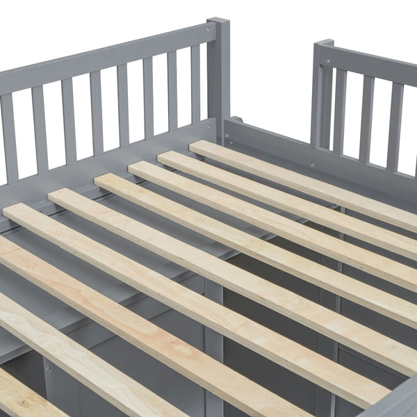 HomeRoots Gray Four-Poster Loft Bed with Storage Drawer & Cabinet - Stylish Space-Saving Design for Bedrooms 592885