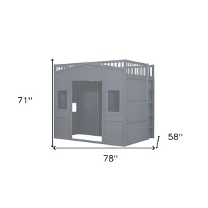 HomeRoots Gray Four-Poster Loft Bed with Storage Drawer & Cabinet - Stylish Space-Saving Design for Bedrooms 592885