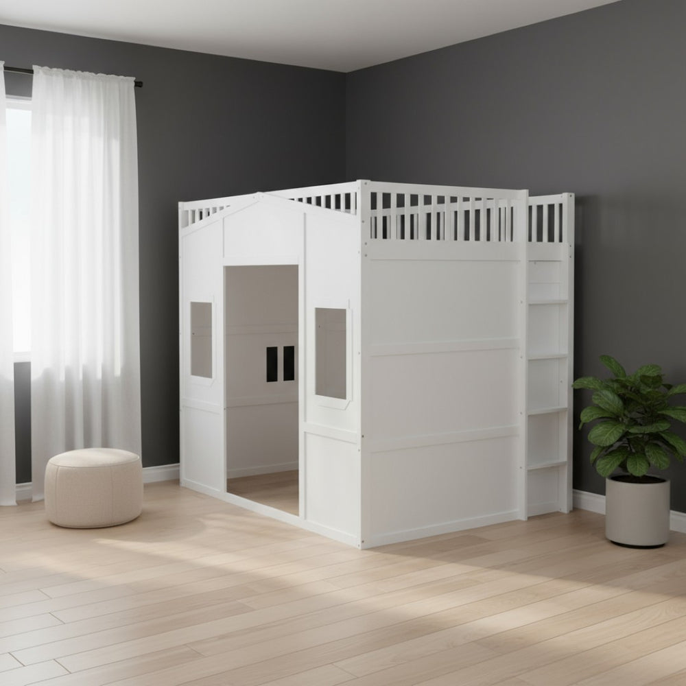HomeRoots White Four Poster Loft Bed with Integrated Storage - Stylish Double Bed for Small Spaces & Elegance 592886