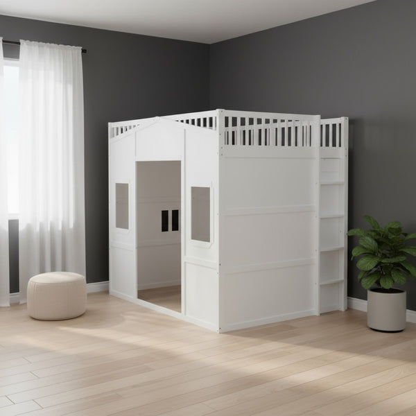 HomeRoots White Four Poster Loft Bed with Integrated Storage - Stylish Double Bed for Small Spaces & Elegance 592886