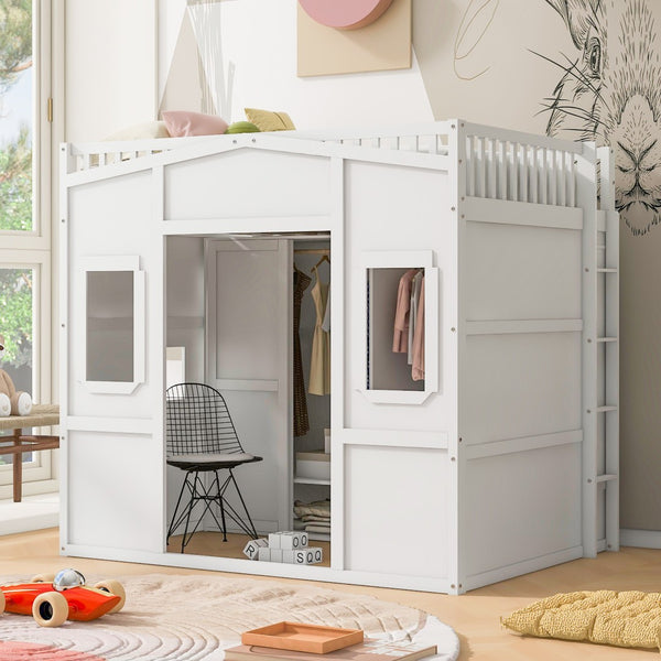 HomeRoots White Four Poster Loft Bed with Integrated Storage - Stylish Double Bed for Small Spaces & Elegance 592886