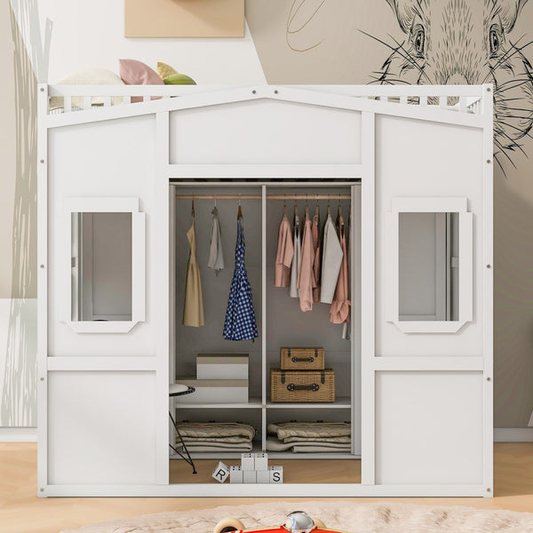 HomeRoots White Four Poster Loft Bed with Integrated Storage - Stylish Double Bed for Small Spaces & Elegance 592886