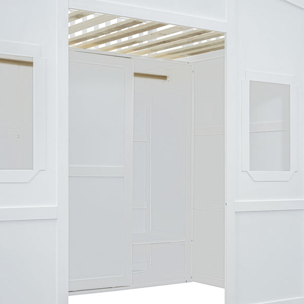 HomeRoots White Four Poster Loft Bed with Integrated Storage - Stylish Double Bed for Small Spaces & Elegance 592886