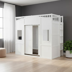 HomeRoots White Four Poster Twin Loft Bed with Under-Bed Storage Drawer & Cabinet - Stylish & Durable Design 592887
