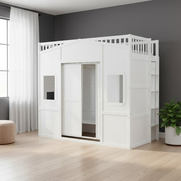 HomeRoots White Four Poster Twin Loft Bed with Under-Bed Storage Drawer & Cabinet - Stylish & Durable Design 592887