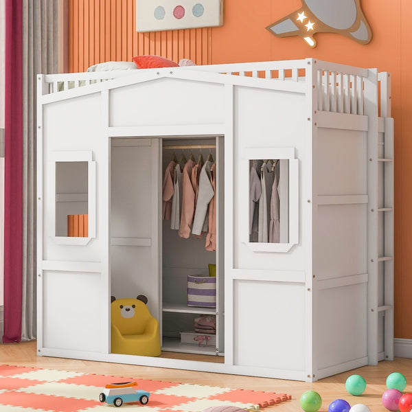 HomeRoots White Four Poster Twin Loft Bed with Under-Bed Storage Drawer & Cabinet - Stylish & Durable Design 592887