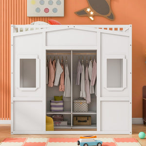 HomeRoots White Four Poster Twin Loft Bed with Under-Bed Storage Drawer & Cabinet - Stylish & Durable Design 592887
