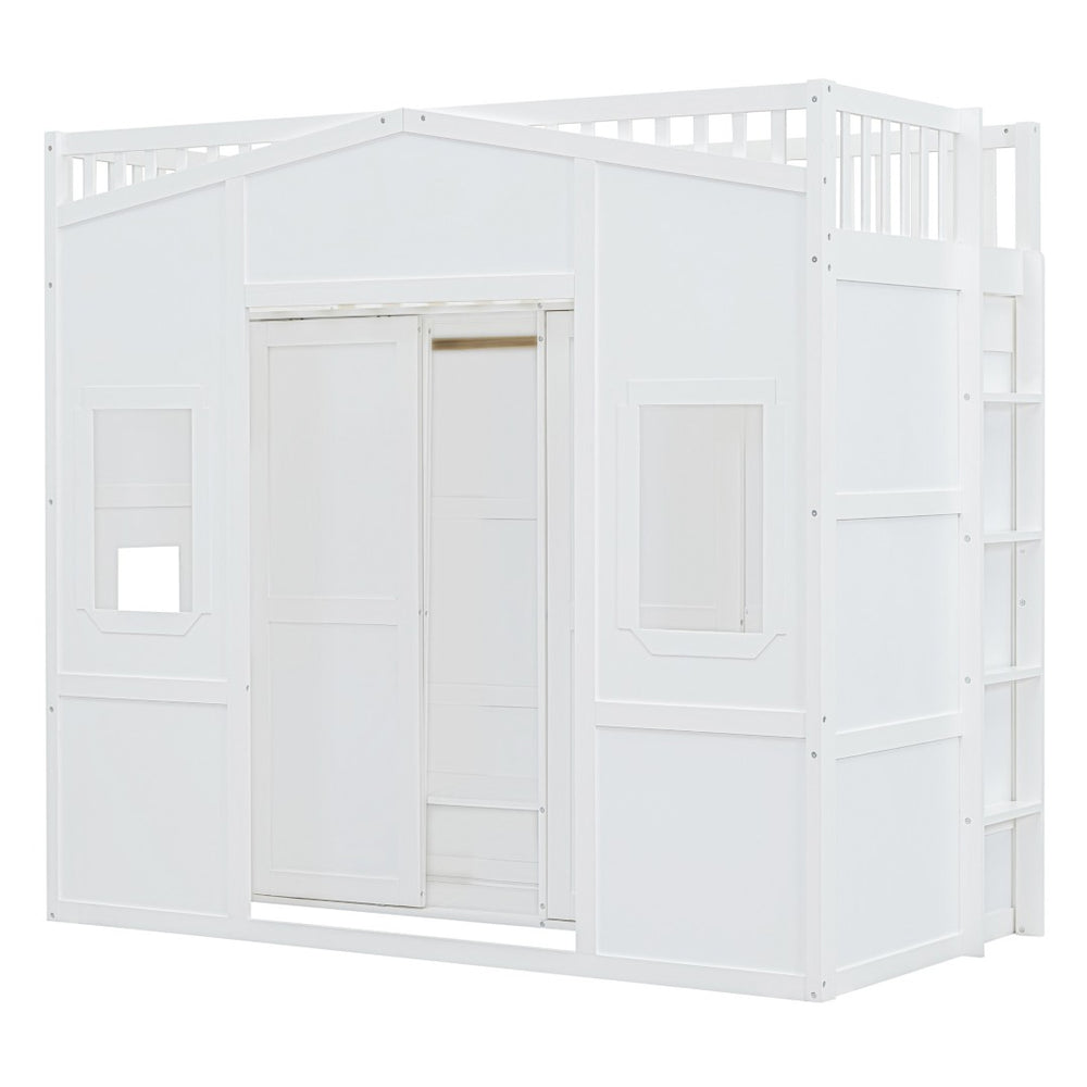 HomeRoots White Four Poster Twin Loft Bed with Under-Bed Storage Drawer & Cabinet - Stylish & Durable Design 592887