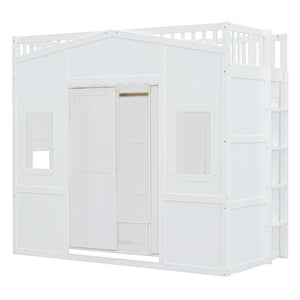 HomeRoots White Four Poster Twin Loft Bed with Under-Bed Storage Drawer & Cabinet - Stylish & Durable Design 592887