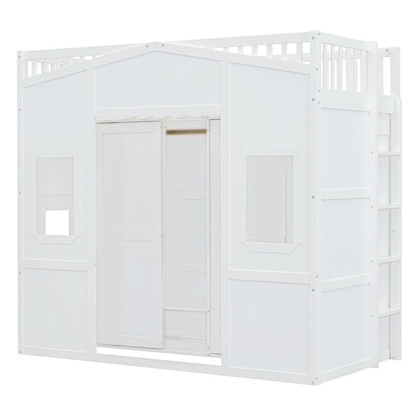 HomeRoots White Four Poster Twin Loft Bed with Under-Bed Storage Drawer & Cabinet - Stylish & Durable Design 592887