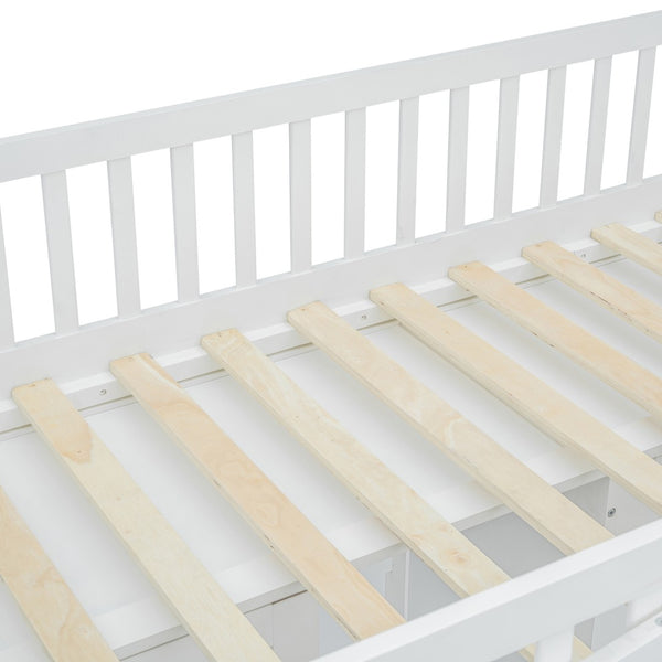 HomeRoots White Four Poster Twin Loft Bed with Under-Bed Storage Drawer & Cabinet - Stylish & Durable Design 592887